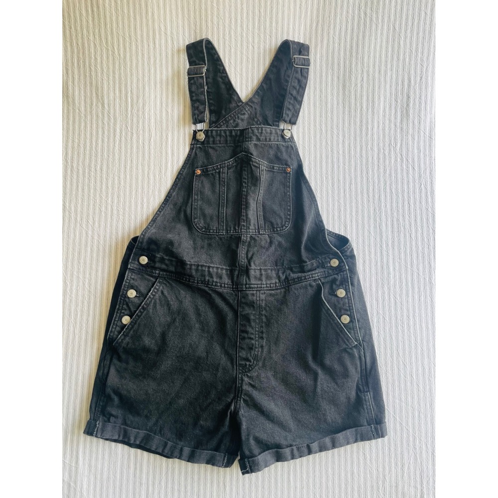 Old Navy Womens Black Denim Shortalls Overalls Size L Cuffed Cotton Utility
